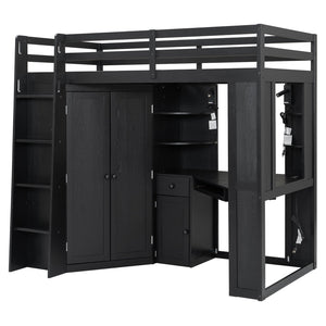 English Elm Twin Loft Bed with Wardrobe Desk Charging Station and Spotlights for Small Rooms Black LT000450AAB
