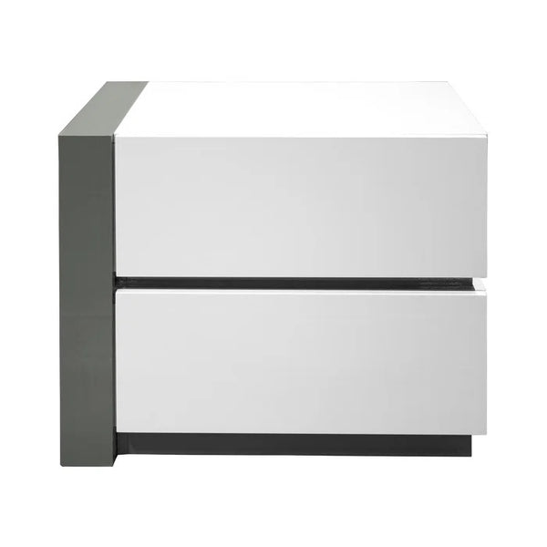 English Elm Modern Lacquer Nightstand High Gloss White with Silver Accents, 2 Drawers, Sleek 25"L x17"D x22"H Ambient Bedroom Piece B011P354503
