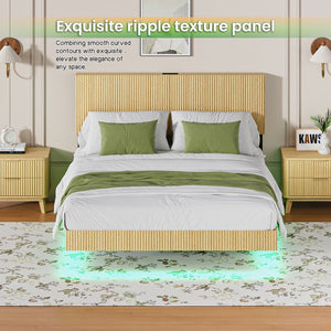 English Elm Oak Queen Floating Bed Walnut Finish Wavy Headboard Led Lighting Built in Charging W1820P407906