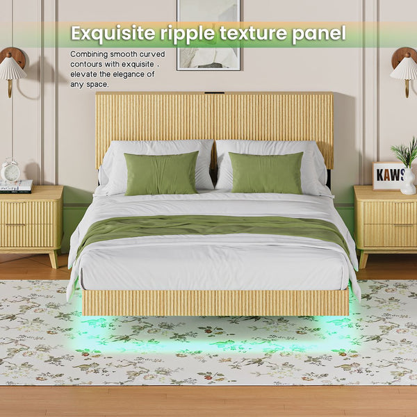 English Elm Oak Queen Floating Bed Walnut Finish Wavy Headboard Led Lighting Built in Charging W1820P407906