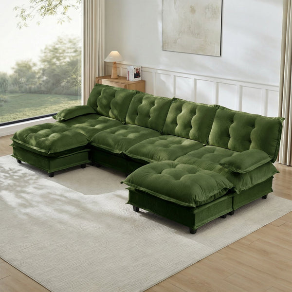 English Elm 138" U-shaped Chenille Cloud Sectional with Ottomans Deep Seat Modular Living Room Sofa Green W714S01733
