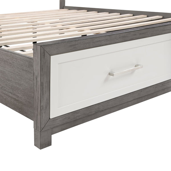 English Elm Queen Platform Bed with Footboard Storage, Ivory & Gray Finish, 2 Drawers, Modern Sturdy Frame B011S01673