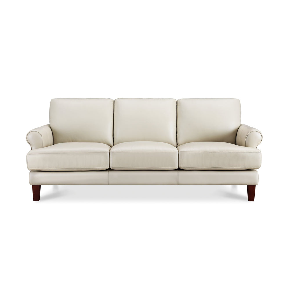 English Elm Dawn Leather Sofa with Top-Grain Seating, Pocket Coil Comfort, Feather-Memory Foam Cushions, Durable Frame Off White B2705P338099