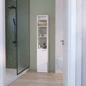 English Elm Linen Cabinet Marion White — Slim 46" Engineered Wood Bathroom Storage with Open Shelves & Concealed Door B092P191189
