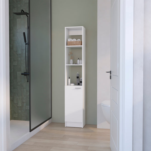 English Elm Linen Cabinet Marion White — Slim 46" Engineered Wood Bathroom Storage with Open Shelves & Concealed Door B092P191189