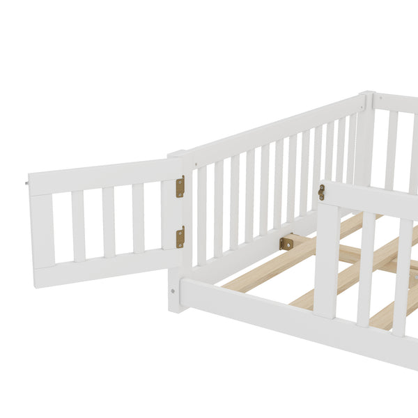 English Elm Full Floor Bed with Safety Guardrails and Play Door for Kids, Low Profile Pine Frame, 550lb Capacity White W1580P338950