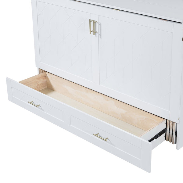 English Elm Queen Murphy Wall Bed Cabinet with Storage Drawer Built-in Power Outlets Usb Ports White LP000400AAK