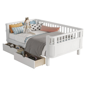 English Elm Twin Solid Wood Platform Bed with Guardrail for Kids, Low-Profile Sturdy Pine Frame, Safe Sleep Solution White 69.69 L x 18.5 W x 7.68 H W2593P331678