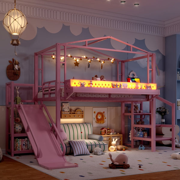 English Elm Twin Metal Loft Bed with Built-in Wardrobe Storage Stairs Led Lights and Usb Ports W5316S00046