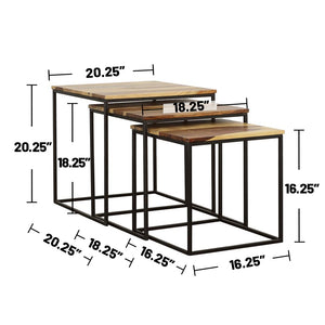 English Elm 3-piece Solid Sheesham Nesting Tables with Natural Grain Tops & Black Iron Frames for Small Spaces B016P384776