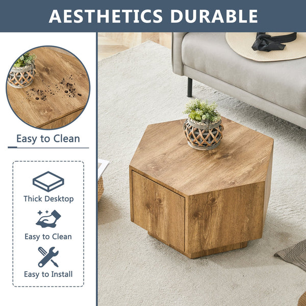 English Elm Simple MDF Hexagonal Coffee Table with Drawer, Wood Texture, Stable Anti-Slip Base, Easy Assembly - Stylish Living Room Accent W1512P410546