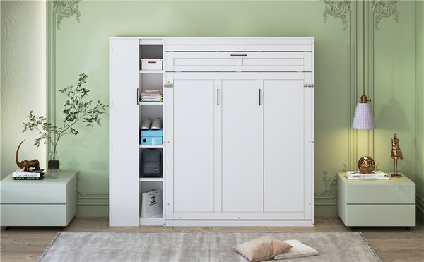 English Elm Queen Murphy Wall Bed with Led Lighting Open Shelves and Wardrobe Cabinet Storage White LP000899AAK-1