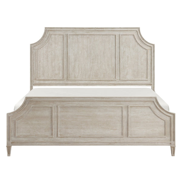 English Elm Traditional Leander Queen Bed Light Brown Oak Veneer Curved Frame Picture Molding Elegant Bedroom Statement B011S01105