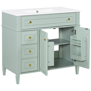English Elm 36 Inch Freestanding Bathroom Vanity Sage Pine Cabinet Gold Hardware Ceramic Sink Green N725P366468G