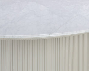 Sunpan Paloma Dining Table - Elegant White Marble Top with Cream Reeded Base and Gold Inlay for Luxe Spaces Oval - 84W x 47.25D x 30H