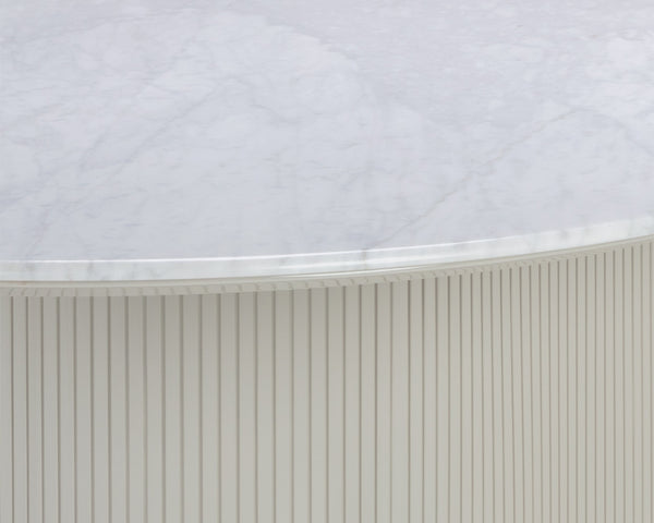 Sunpan Paloma Dining Table - Elegant White Marble Top with Cream Reeded Base and Gold Inlay for Luxe Spaces Oval - 84W x 47.25D x 30H