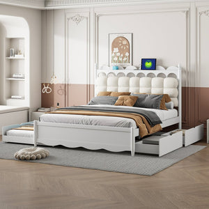 English Elm Queen Size Wooden Storage Platform Bed With Trundle, Usb Ports, And Spacious Drawers In White N820S00038K-GIGA