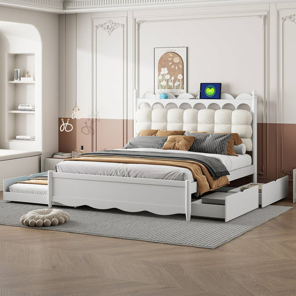 English Elm Queen Size Wooden Storage Platform Bed With Trundle, Usb Ports, And Spacious Drawers In White N820S00038K-GIGA