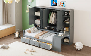 English Elm Twin Size Wooden Daybed With Integrated Desk, Storage Drawers, And Shelves - Stylish Gray Design! N820S00054E-GIGA