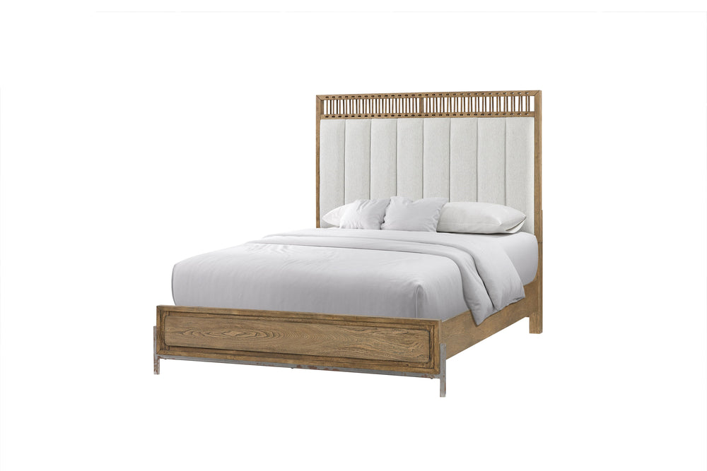 English Elm Queen Upholstered Headboard Bed Walnut Veneer Frame Transitional Bedroom Furniture B2699S00021