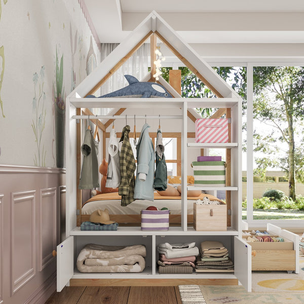 English Elm Twin House Frame Bed Pine Wood with Storage Drawers and Shelves for Kids Bedroom W1580S00572