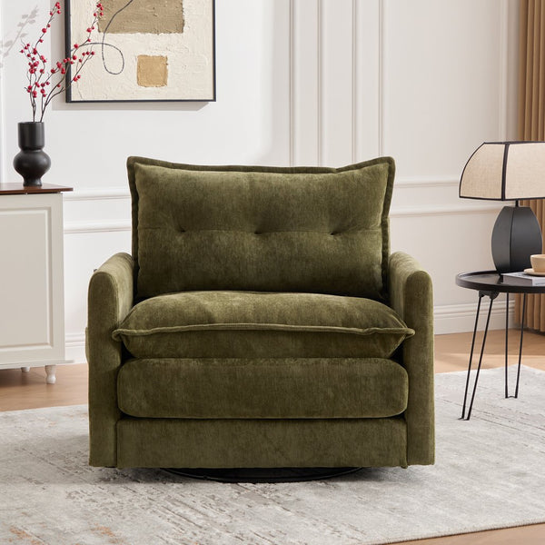 English Elm UNITED Swivel Barrel Chair with Chenille Upholstery, 360° Smooth Rotation, Padded Arm Comfort and Side Pockets for Living Room Relaxation Olive Green W1568P290086