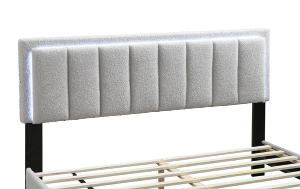 English Elm Light Gray Wool Upholstered Queen Platform Bed with Channel Tufted LED Headboard, Modern Plush Design, No Box Spring Needed B011P238969