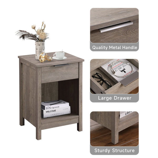 English Elm Nightstand with Drawer | 3-Tier Modern Bedside Table with Hidden Drawer, Open Shelves, Sturdy Build Gray 25.9 L x 17.1 W x 5.1 H W3151P345753