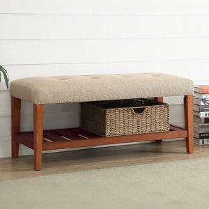 English Elm Fabric Upholstered Bench with Tufted Padded Seat, Open Lower Shelf, Tapered Wood Legs, 43"L Beige,Oak B016P311082