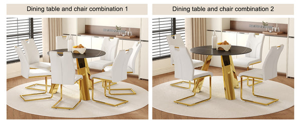 English Elm Table 5-Piece Dining Set: 42-Inch Round Sintered Stone Top With Gold Stainless Steel Legs & Chairs W2920S00041-GIGA
