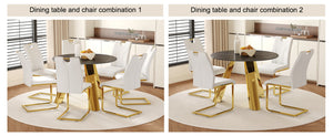 English Elm Table Set: Luxurious 42-Inch Round Sintered Stone Table With 6 Ergonomic White Chairs & Gold Legs W2920S00042-GIGA