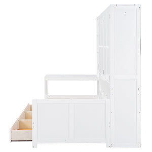 English Elm Twin Size Daybed With Storage Drawers, Desk & Shelves - Stylish Space-Saving Furniture In White N820S00054K-GIGA