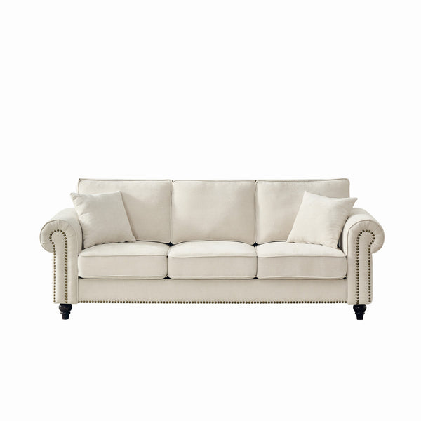 English Elm 86" Modern 3-Seater Sofa with Rolled Arms Chenille Upholstery, Nailhead Trim, Solid Wood Base for Living Room Comfort and Durability Beige W3373S00018