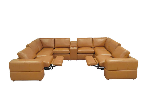 English Elm Premium Leather Match Sectional with Dual Recliners Console and Cup Holders Included Ginger B2748S00155