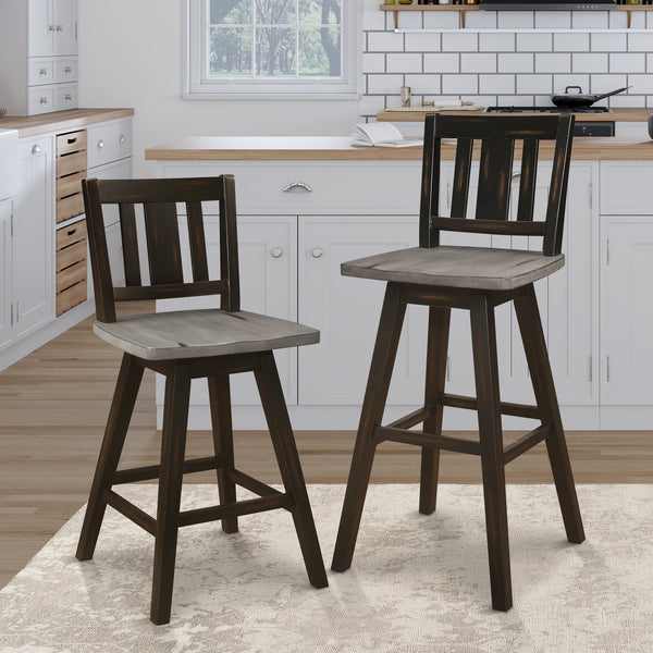 English Elm Counter Height Chairs Set Of 2 - Black Gray 360° Swivel Rustic Rubberwood Dining Furniture B011P194907