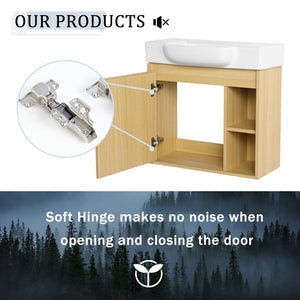 English Elm 24'' Floating Wall Mounted Bathroom Vanity with Ceramic Sink and Soft Close Cabinet Light Oak W999P426633