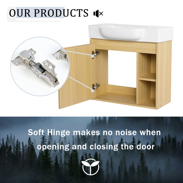 English Elm 24'' Floating Wall Mounted Bathroom Vanity with Ceramic Sink and Soft Close Cabinet Light Oak W999P426633