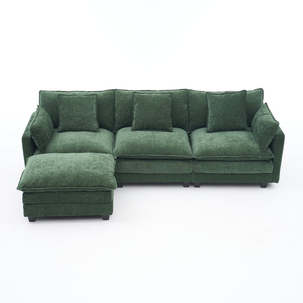 English Elm Beige Chenille Sectional Sofa with Modular Ottoman for Living Room or Studio Dark Green W2603S00004