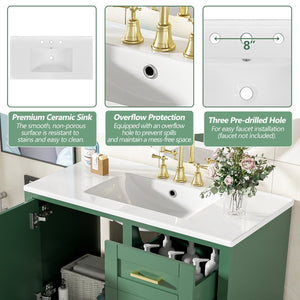 English Elm 36" Green Bathroom Vanity Solid Pine Frame with Soft-Close Door, 3 Varied Drawers & Ceramic Top N729P211167F