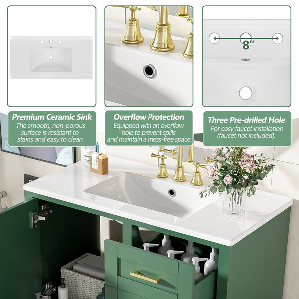 English Elm 36" Green Bathroom Vanity Solid Pine Frame with Soft-Close Door, 3 Varied Drawers & Ceramic Top N729P211167F