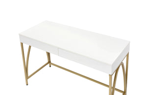English Elm Lightmane White High Gloss Vanity Desk with Gold Metal Legs, 2 Drawers, Modern Luxury Design B2726P315731