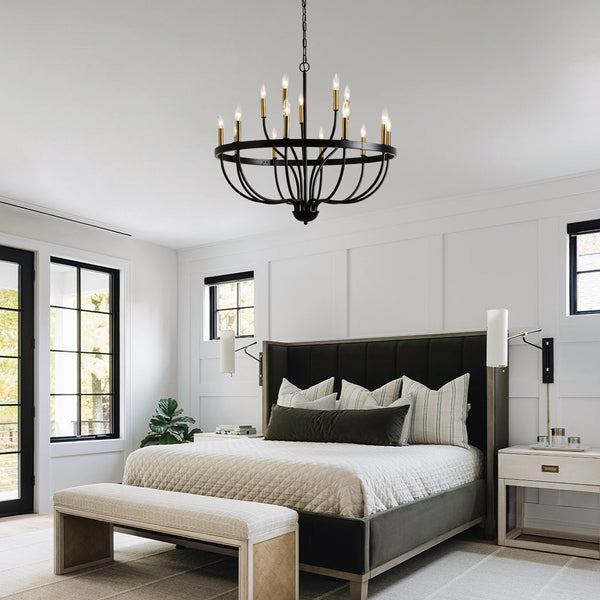 English Elm 15-light Industrial Farmhouse Chandelier Matte Black Iron Gold Candelabra Dining Foyer W5008P479818