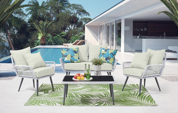 English Elm Portofino Outdoor 4-Pc Conversation Set with Removable Waterproof Cushions, Tempered Glass Top Cream+Grey B365P397658