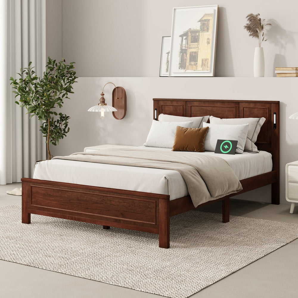 English Elm Queen Pinewood Platform Bed Farmhouse Tall Panel Headboard with Led Lighting and Usb Ports Walnut W504P391092