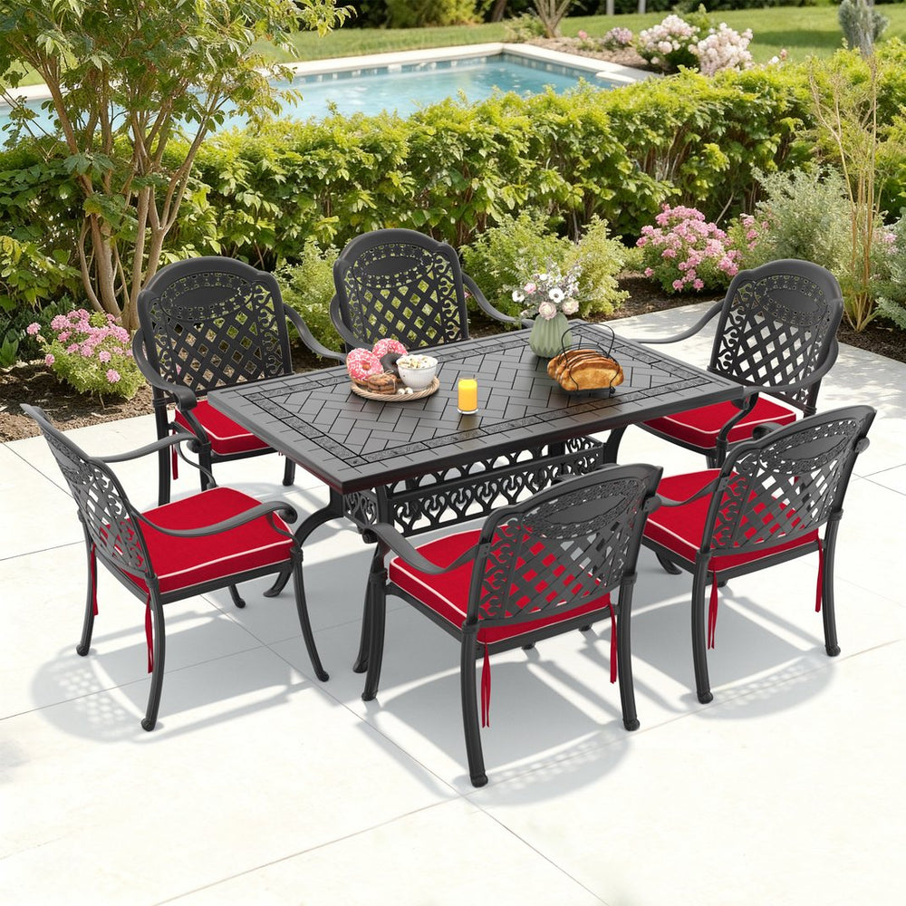 English Elm 7-piece Cast Aluminum Outdoor Dining Set with Carved Floral Detail and Stacking Chairs W1710S00576