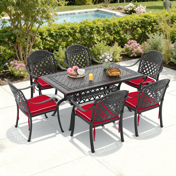 English Elm 7-piece Cast Aluminum Outdoor Dining Set with Carved Floral Detail and Stacking Chairs W1710S00576