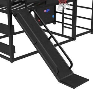 English Elm Twin Metal Loft Bed with Slide Basketball Hoop Climbing Wall and Built-in Shelves W1580S00343