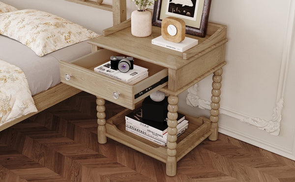 English Elm Retro Bedside Nightstand with Turned Rubberwood Legs Open Shelf and Drawer Storage Natural N733P206240M