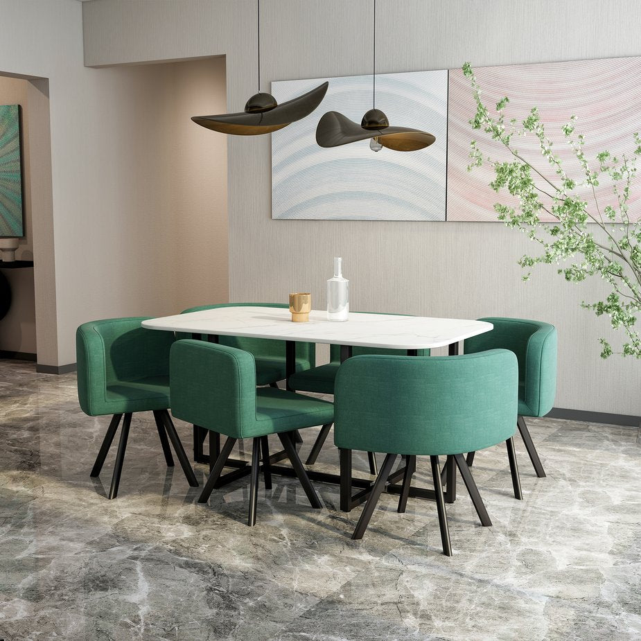 English Elm Modern Marble Look Rectangle Dining Table with Six Fabric Chairs for Compact Spaces W1311S00249