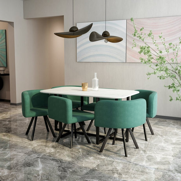 English Elm Modern Marble Look Rectangle Dining Table with Six Fabric Chairs for Compact Spaces W1311S00249